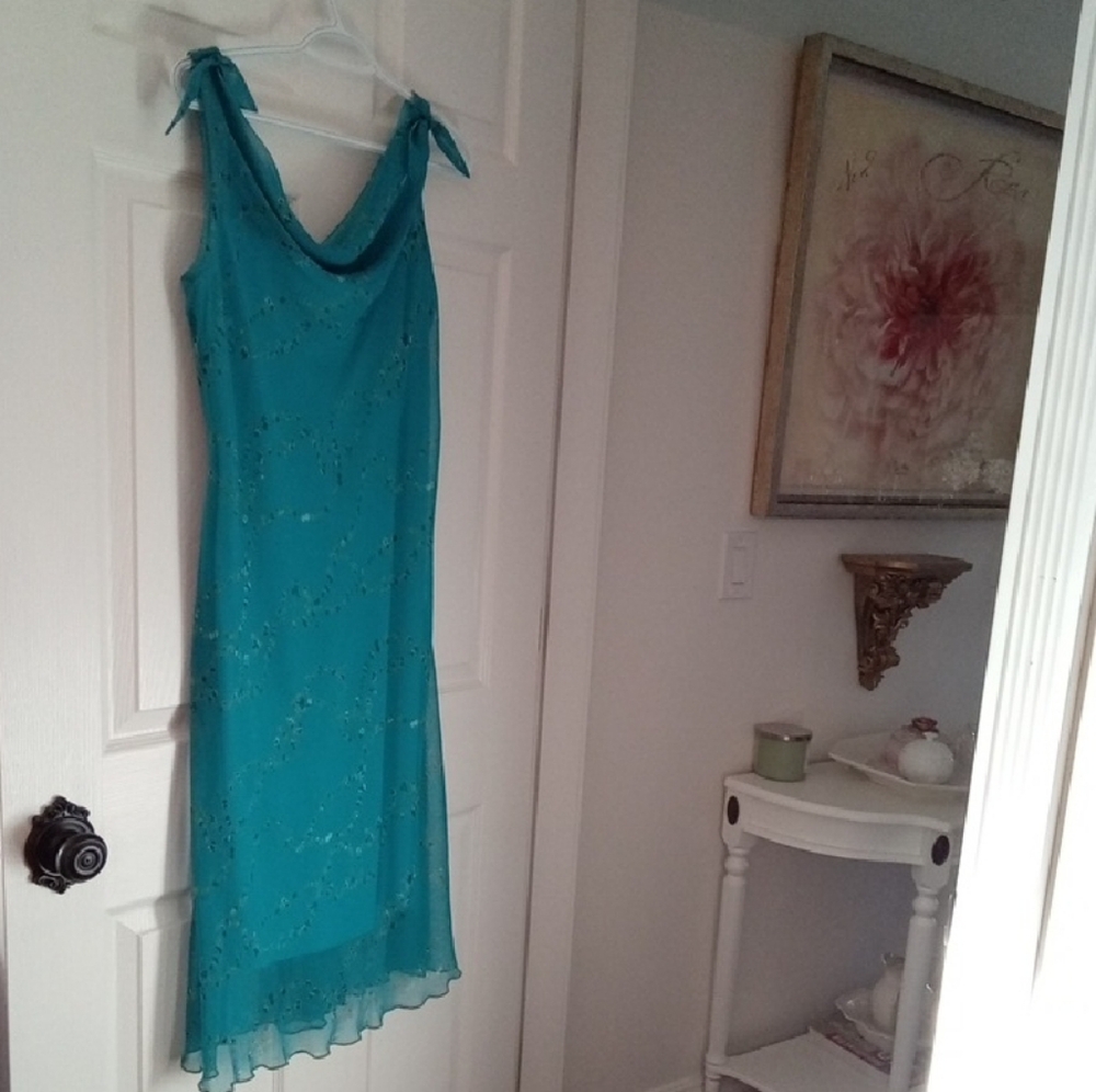 Vintage Sangria Turquoise Floral Cowl Neckline Sleeveless Midi Dress Medium